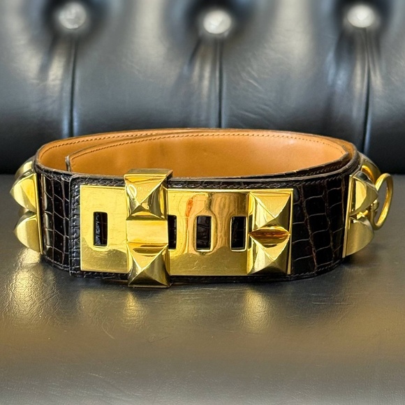 Vintage Hermès Ebene brown CROC collier de chien crocodile belt main image 7